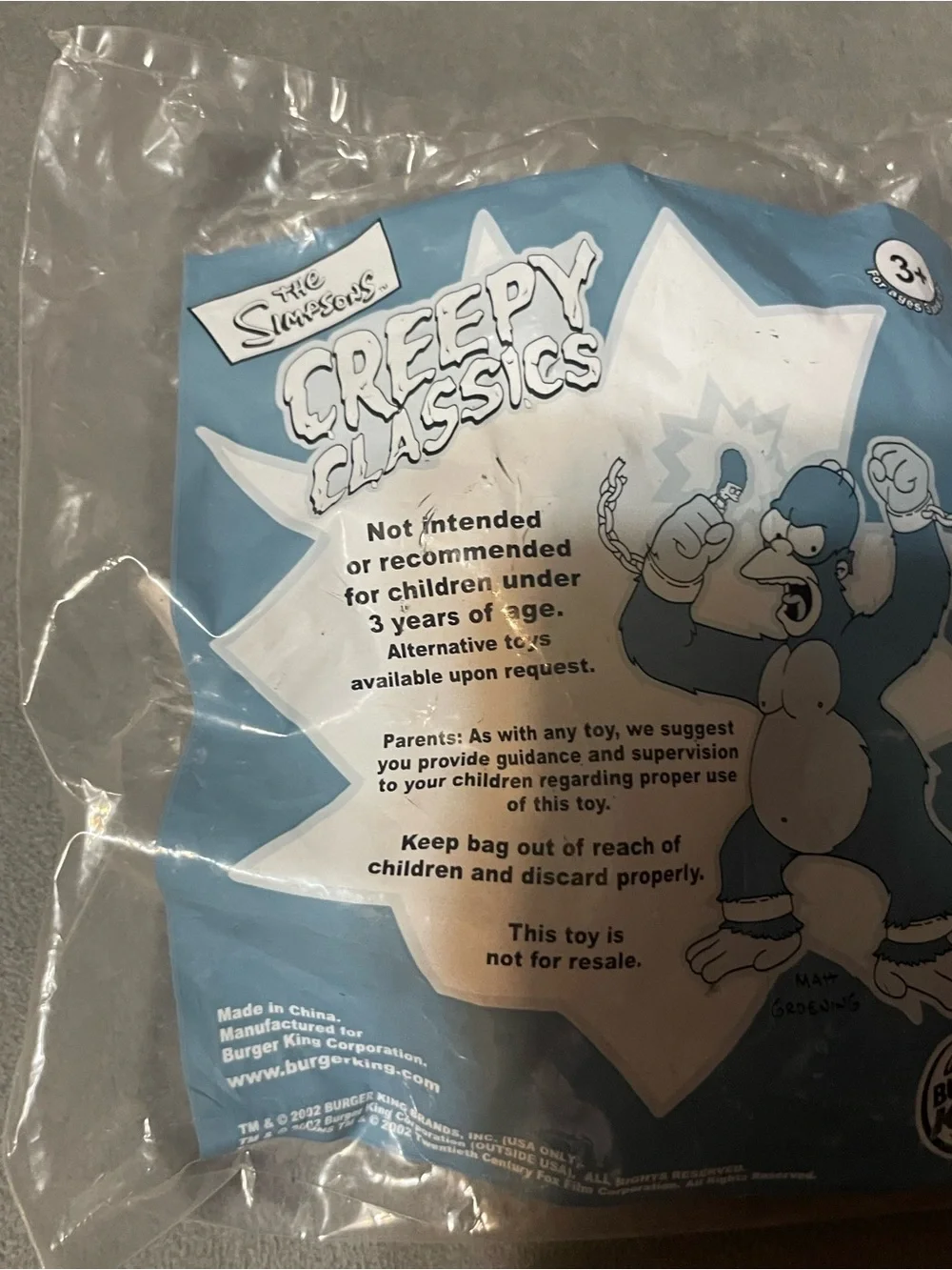 Burger King The Simpsons Creepy Classics Homer Gorilla #3 2002 Sealed Meal Toy
